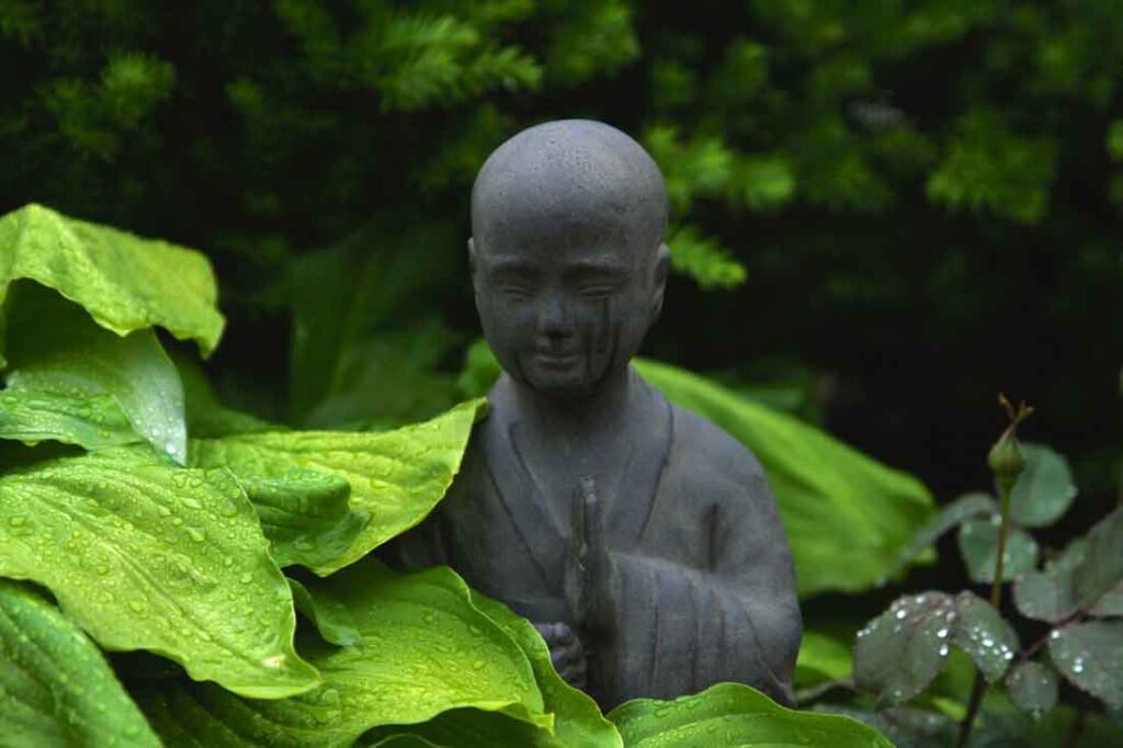 My first proverbial slap in the face happened while travelling in South America. This was the first instance in my life when I really had to stop watching and letting things happen, and actually stand up and take some steps on my own. Image of a stone Buddha amidst bright green leaves, rain has fallen on the cheek of the Buddha giving the appearance of tears of relief.
