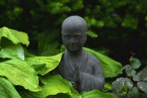 My first proverbial slap in the face happened while travelling in South America. This was the first instance in my life when I really had to stop watching and letting things happen, and actually stand up and take some steps on my own. Image of a stone Buddha amidst bright green leaves, rain has fallen on the cheek of the Buddha giving the appearance of tears of relief.
