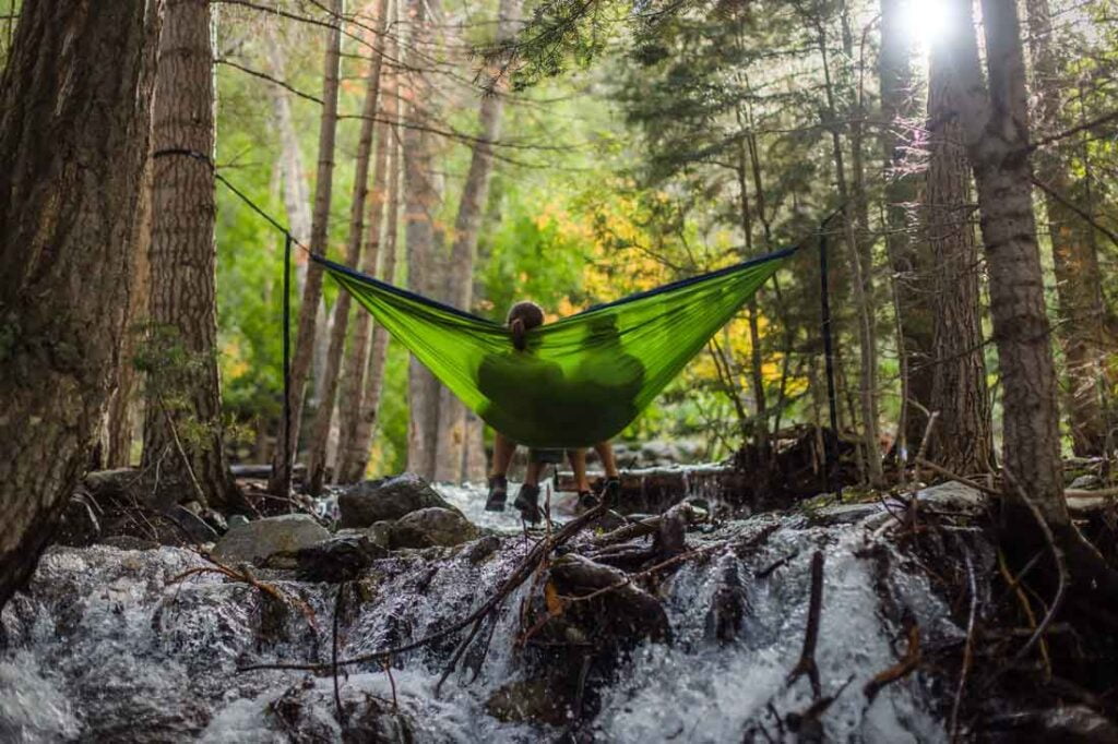 Image of two people in a forested area, resting in a hammock above a stream.